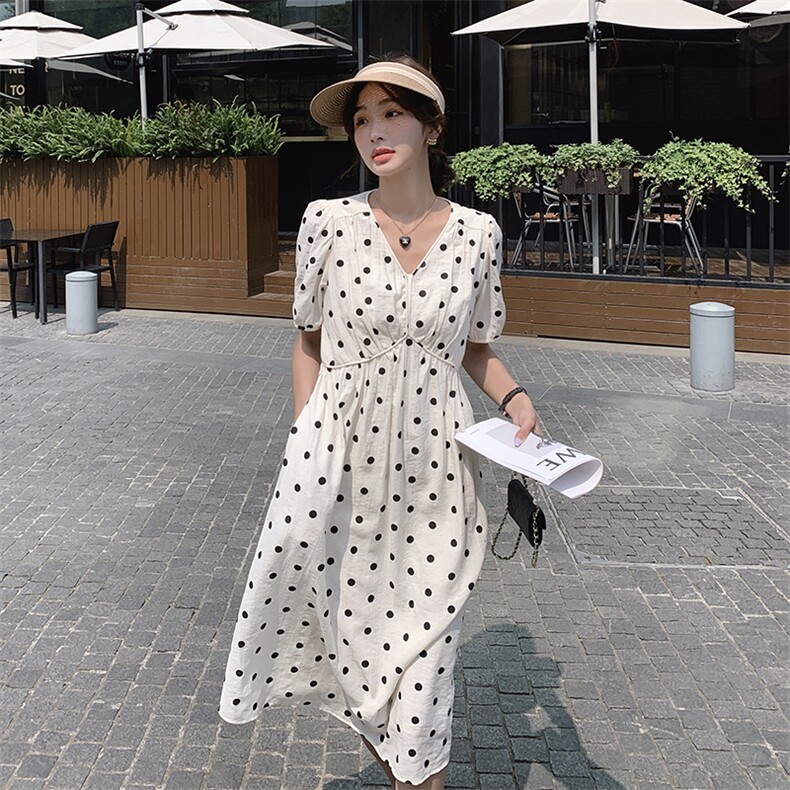 法式气质v领波点连衣裙女2025夏季新款韩版收腰显瘦温柔风长裙子,女装连衣裙,2C037