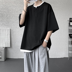 8XL-M重磅斜纹假两件短袖t恤男夏季薄款宽松大码半袖体恤DT006P45，男装T恤，电商B312