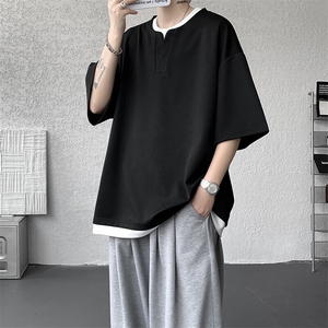 8XL-M重磅斜纹假两件短袖t恤男夏季薄款宽松大码半袖体恤DT006P45图片