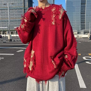 不规则破洞圆领针织衫男秋冬季街头慵懒风宽松情侣毛衣7178-P52图片