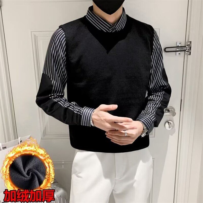 秋冬英伦男士修身复古假两件针织衫韩版毛衫拼接衬衫领外套图片
