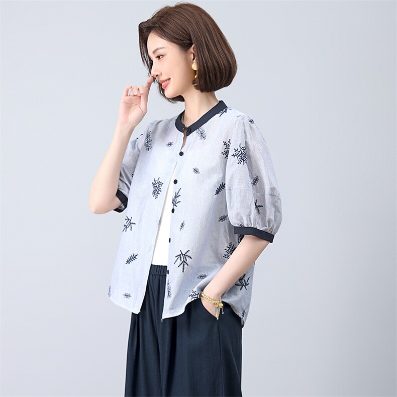 小个子纯棉刺绣小衫女夏季韩版休闲宽松年轻款妈妈薄款衬衫上衣潮,女装衬衫,江忆布依