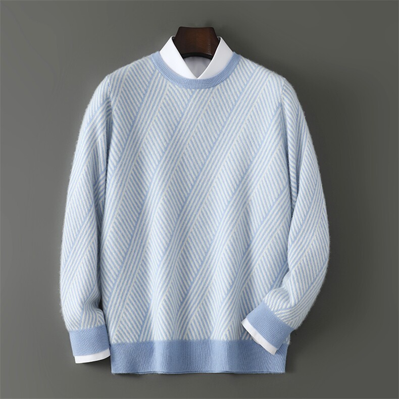 2025百搭时尚简约圆领条纹羊毛衫，男装羊毛衫，千国羊绒