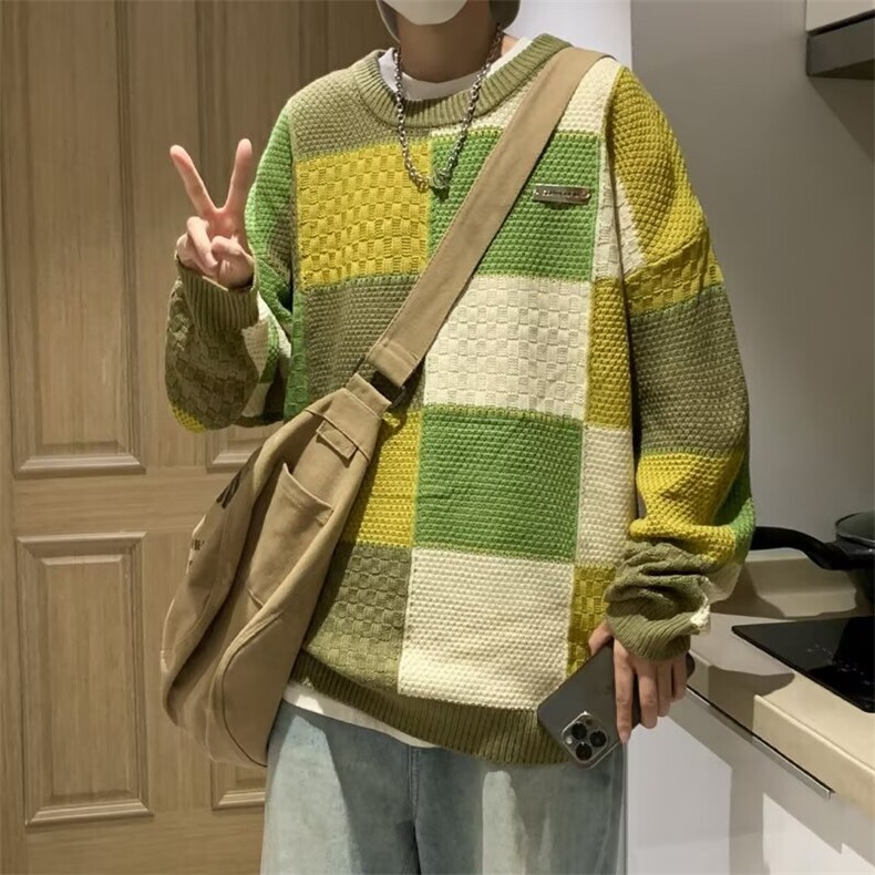 7031-P55格子撞色毛衣男冬季美式休闲个性设计感针织衫，男装针织衫/毛衣，电商B323A
