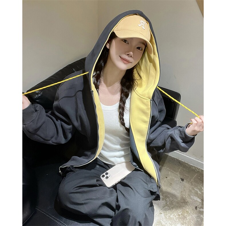 抖音得物二开美式高街重磅结构双层撞色连帽卫衣开衫外套W116,男装卫衣,电商A486