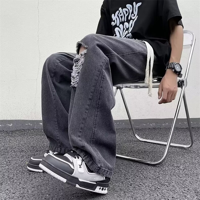 潮牌ins渐变破洞牛仔裤男夏季美式高街直筒宽松阔腿裤K7069-P38,男装牛仔裤,星座512-4