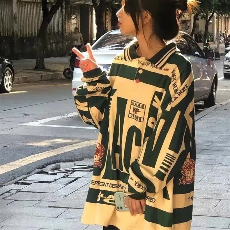美式复古拼色宽松polo衫长袖男翻领潮牌hiphop高街t恤长袖潮,男装Polo衫,星座506A