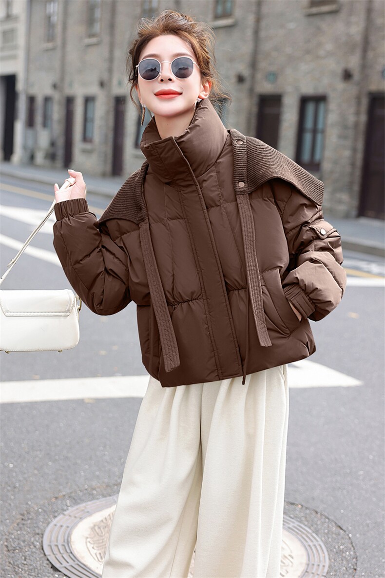 白鸭绒短款小个子针织披肩立领羽绒服外套女2025冬季新款面包服潮,女装羽绒服,意芙
