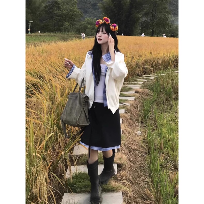 蓝白格子撞色翻领刺绣假两件夹克外套休闲设计感上衣JK986特P80,男装夹克,星座908-1