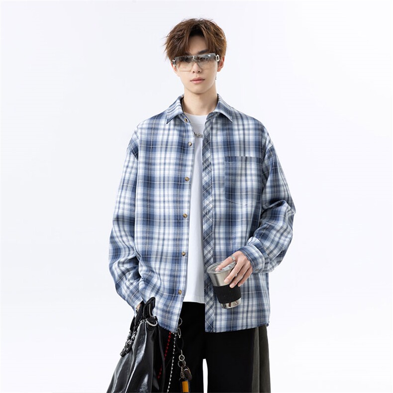 美式港风复古格纹长袖衬衫大码休闲衬衣外套C2256-特价34,男装衬衫,电商A007