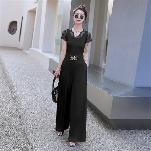 2024年夏季韩版通勤时尚潮流蕾丝上衣+连体裤两件套，女装套装/套裙，时尚俏佳人