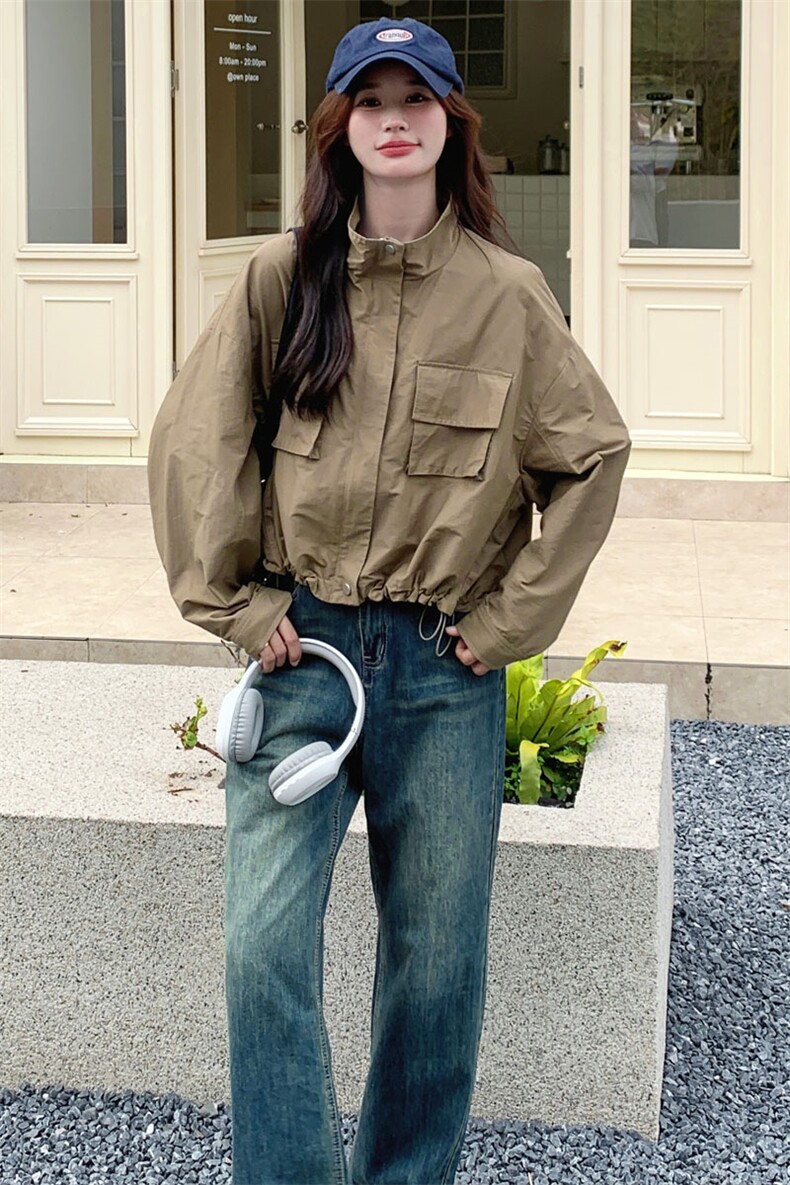 美式复古工装风衣短外套女春秋2025新款慵懒风chic夹克上衣小个子,女装短外套,2D143