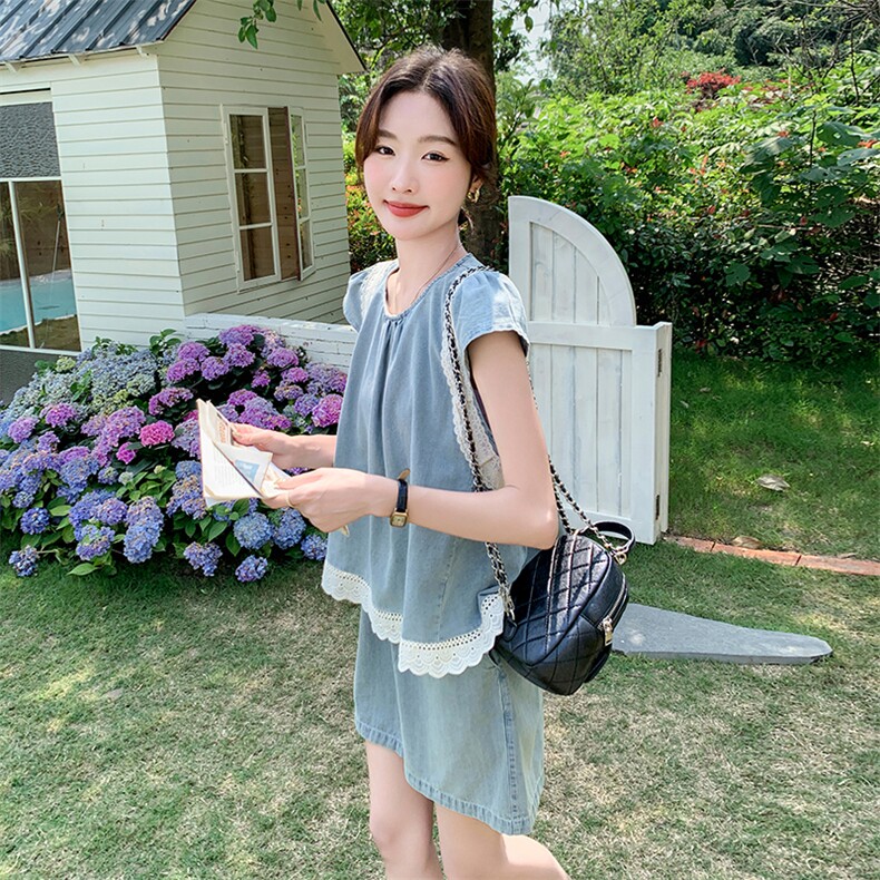 法式复古拼接小飞袖上衣套装女2025夏季新款显瘦牛仔短裤子两件套,女装套装/套裙,秋水欣儿