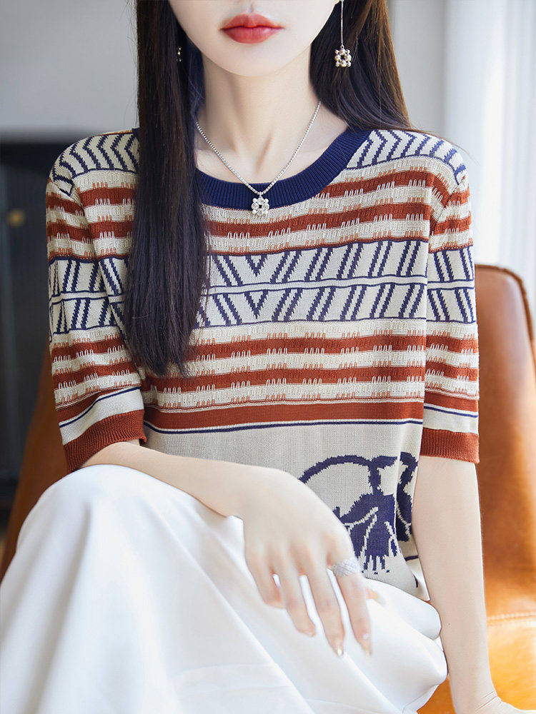 圆领常规其他五分袖2025年夏季复古提花撞色短袖圆领夏季,女装T恤,暖圣羊羊绒