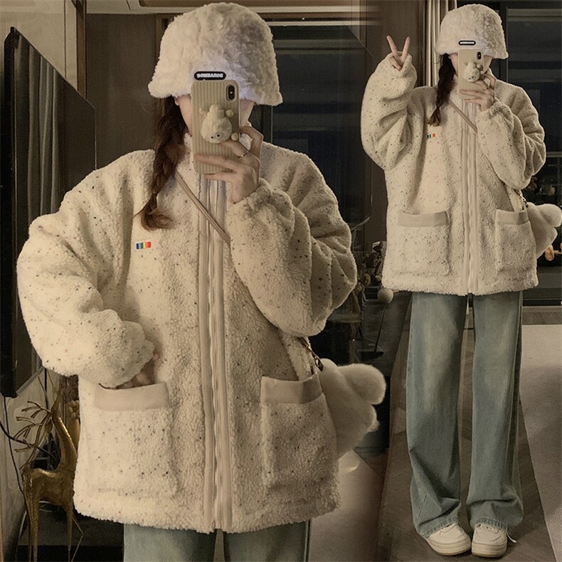 C903-P150冬季新款奶fufu软糯彩点羊羔绒外套可爱减龄保暖厚棉服图片