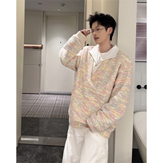 美式男士卫衣慵懒风彩点假两件翻领毛衣外衣宽松休闲针织衫，男装针织衫/毛衣，电商B319