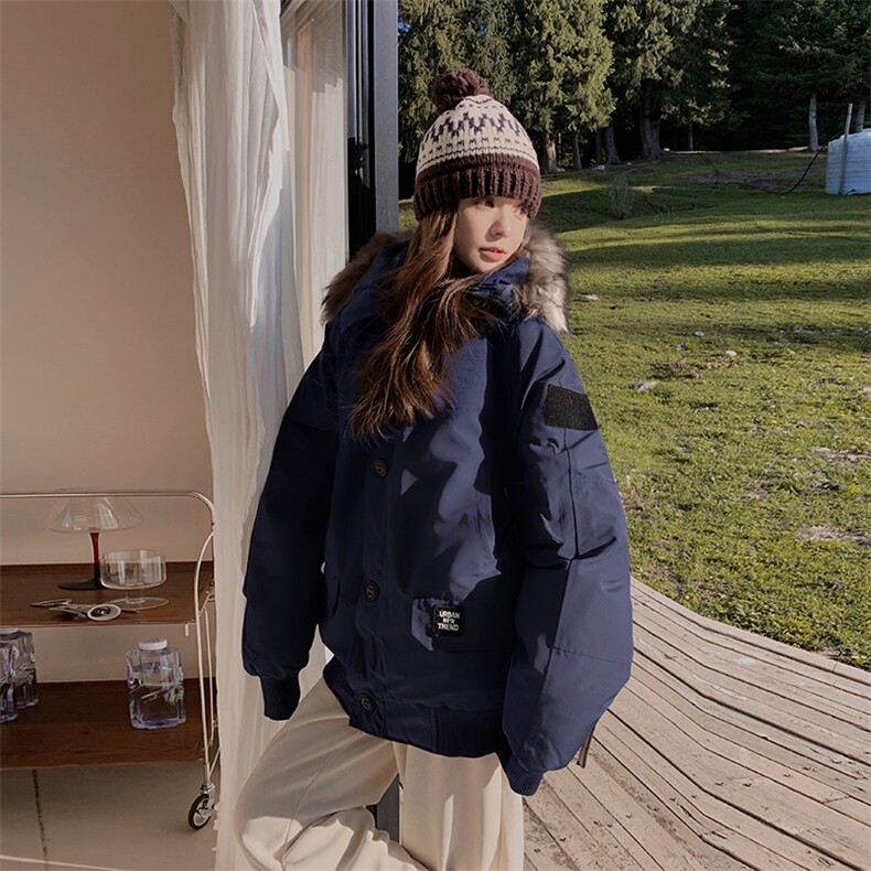 韩版连帽工装羽绒棉服女2025冬季新款小个子保暖加厚大毛领派克服,女装短外套,2B183