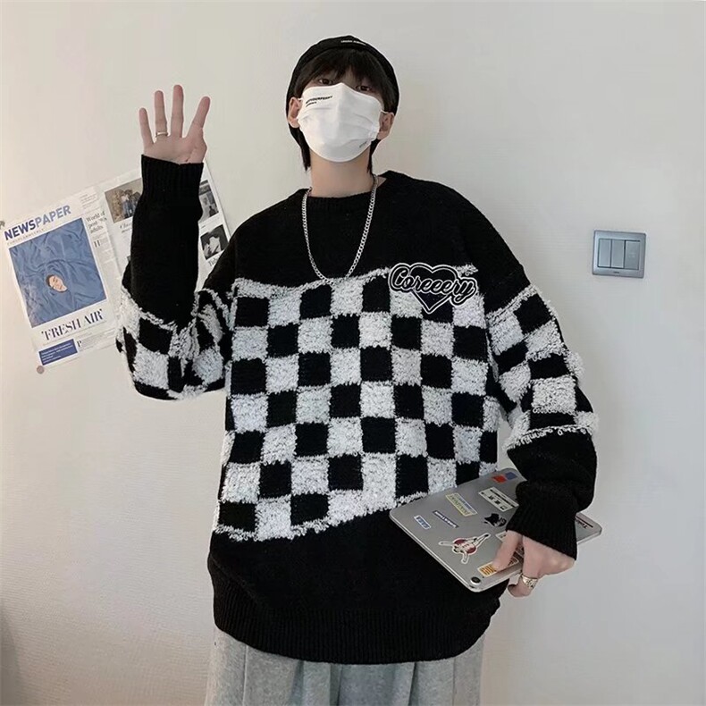 棋盘格子毛衣男设计感小众网红潮牌圆领套头青年针织衫M0835-p48,男装针织衫/毛衣,星座1008-1