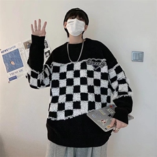 棋盘格子毛衣男设计感小众网红潮牌圆领套头青年针织衫M0835-p48，男装针织衫/毛衣，星座1008-1