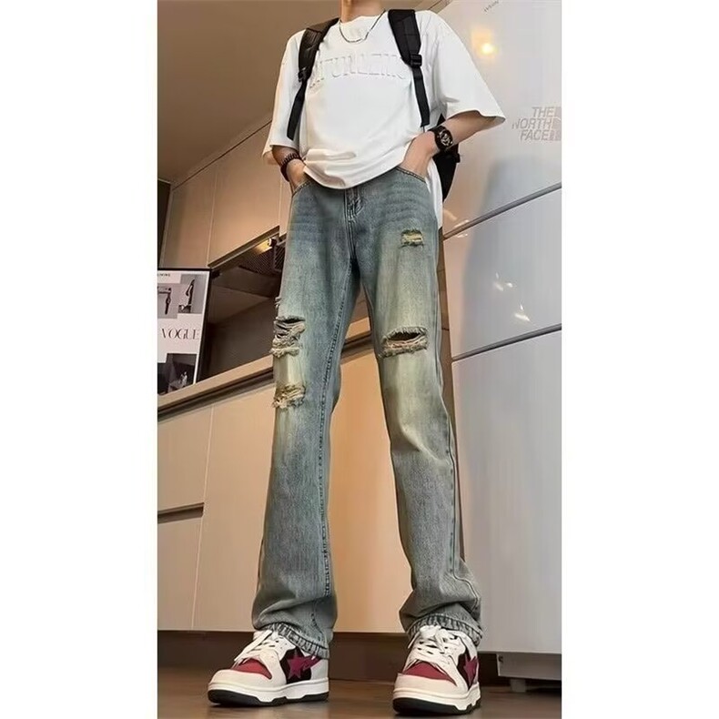 破洞直筒软牛仔裤男高腰显瘦美式复古高个子牛仔裤子NZT792,男装牛仔裤,星座516A
