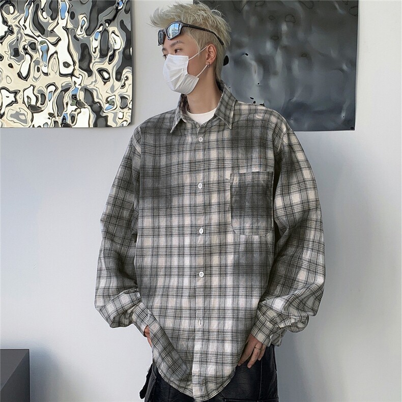 CS13862025秋季复古衬衫男脏染格子衬衣外套oversize宽松情侣,男装衬衫,星座1108