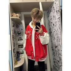 数字款珍珠红色棒球服撞色夹克外套JK0116-1-P105，男装夹克，星座313A(原308A-2)