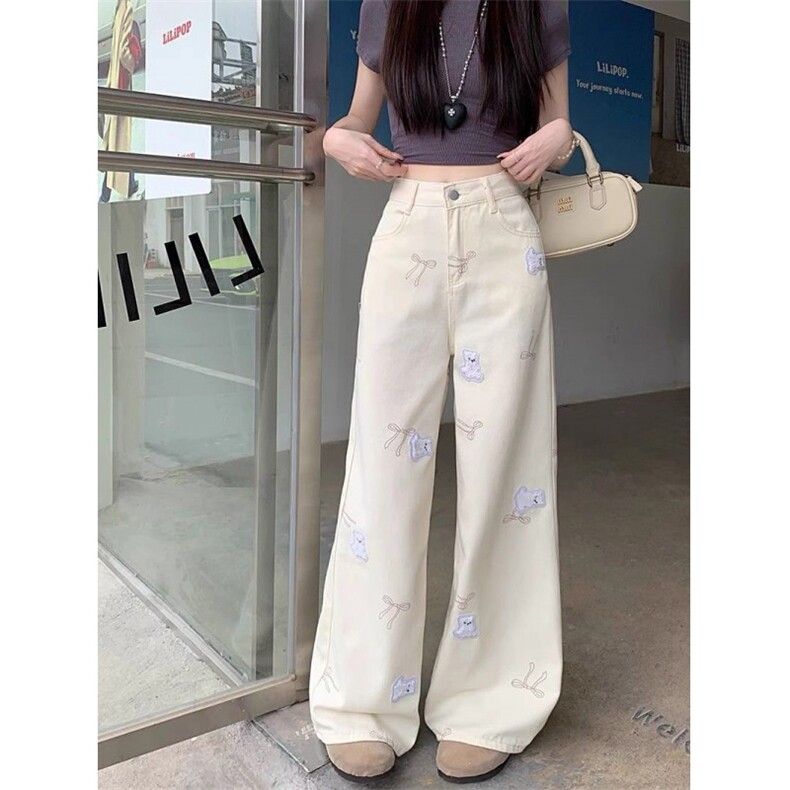AK2189-P62复古甜酷休闲感！2026夏季白色小熊贴绣牛仔长裤,女装休闲裤,星座617A-2