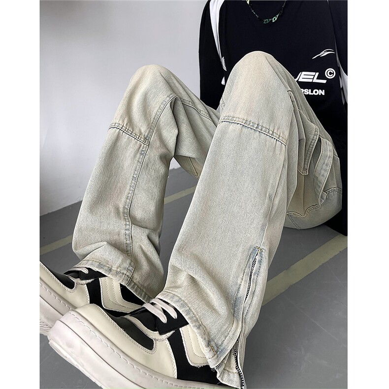 vibe风复古美潮黄泥色裤脚拉链微喇牛仔裤1XZ502-K633-P55控79,男装牛仔裤,星座502