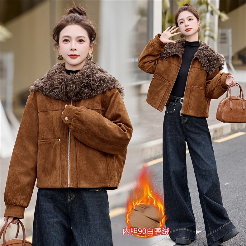 复古毛领短款羽绒服外套女2025冬季新款加厚保暖90白鸭绒内胆夹克，女装羽绒服，美沁