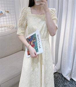 DINO BIENS【现货】 夏季新款 定制方领蕾丝连衣裙,女装连衣裙,迪诺比亚