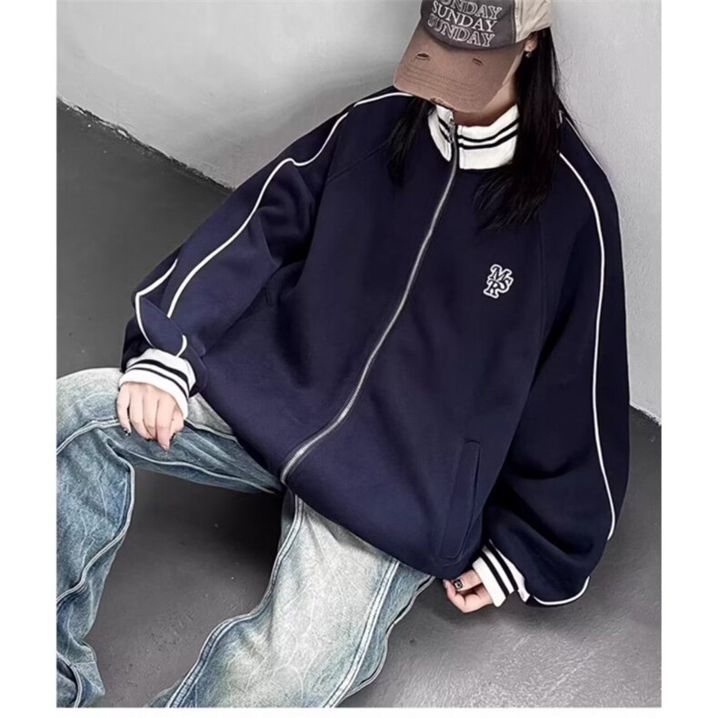 美式立领刺绣棒球服外套男女2024秋冬款休闲宽松慵懒卫衣加绒加厚,男装卫衣,星座506A