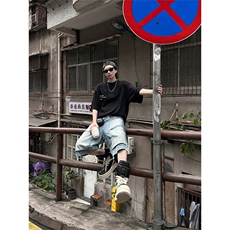 现货~美式高街工装牛仔短裤男复古宽松直筒中裤七分裤A3125-特P45，男装牛仔裤，星座1004-3