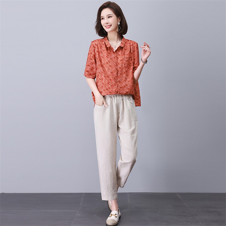 棉麻套装女夏季妈妈装2023新款宽松大码衬衫上衣夏天复古两件套,女装套装/套裙,涵誉