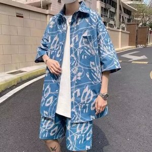 衬衣两件花衬衫短裤套装男士宽松复古着满印衬衫海边沙滩短袖图片