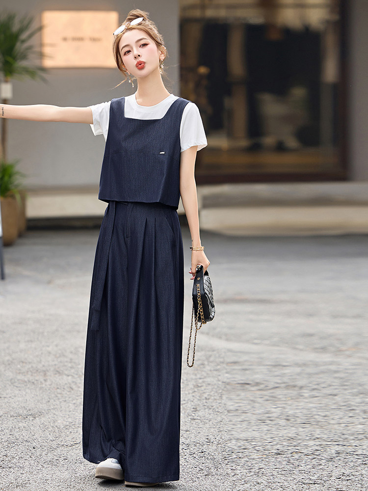 天丝牛仔套装女2025夏新款超火休闲减龄韩系马甲阔腿裤穿搭一整套,女装套装/套裙,魅影
