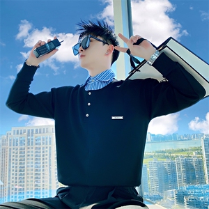 AW192/特P78控108秋季社会小伙潮流高级感拼接假两件衬衫男黑首图片