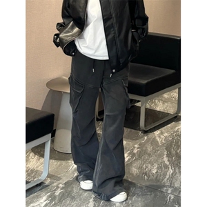 多口袋工装休闲裤男水洗做旧松紧腰卫裤直筒伞兵拖地长裤 KM41图片