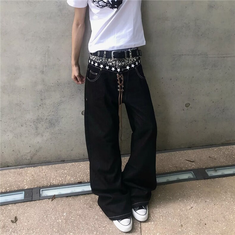 美式复古豹纹拼接双腰头牛仔裤男女秋季街头亚比假两件宽松弯刀裤图片