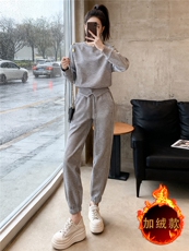 运动休闲时尚套装女秋冬新款圆领套头订扣设计感卫衣束脚裤两件套，女装套装/套裙，江南