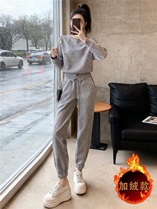 运动休闲时尚套装女秋冬新款圆领套头订扣设计感卫衣束脚裤两件套图片