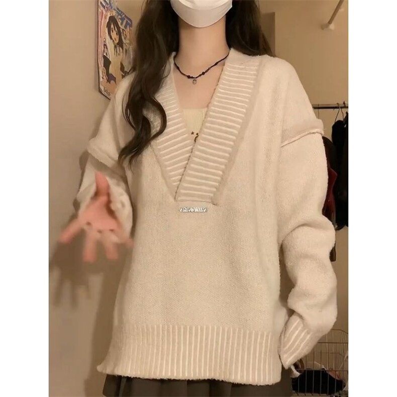 M28-P49秋冬新款慵懒风v领毛衣针织衫两件套百褶裙小个子奶系,男装针织衫/毛衣,电商B323A
