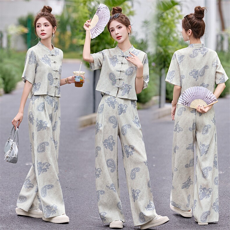 新中式套装女2025新款夏季显瘦复古印花盘扣衬衫阔腿裤两件套，女装套装/套裙，关键词