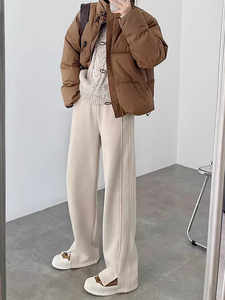 人字纹绵羊毛裤女秋冬季2025新款加绒小个子羊毛直筒窄版阔腿裤图片