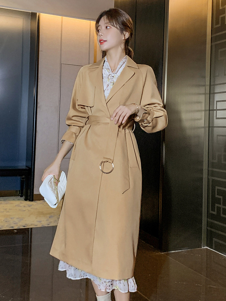 ByYou2025春季新款高级感中长款卡其色风衣外套女英伦风休闲大衣,女装风衣,依多米