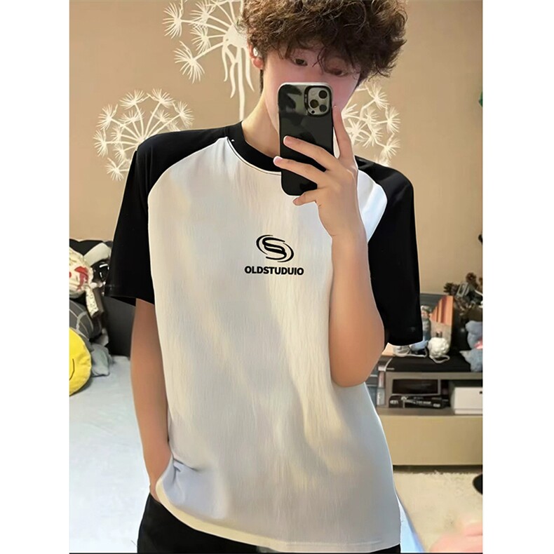 抖音得物高品质二开240克宽松纯棉美式潮牌插肩袖拼接短袖T恤，男装T恤，电商A486