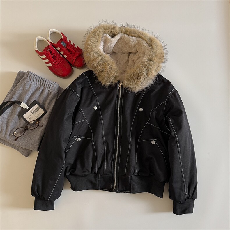 现货重磅boxy短款棉衣座山雕大毛毛领男女棉服水洗工装厚外套，男装棉衣，电商A486-1