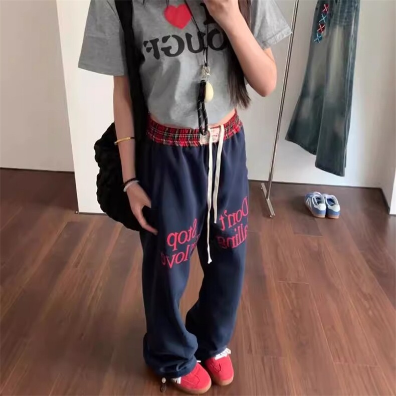 AK2493-P65潮美式复古撞色格纹字母休闲裤男女潮牌宽松垂感裤,女装休闲裤,星座617A-2