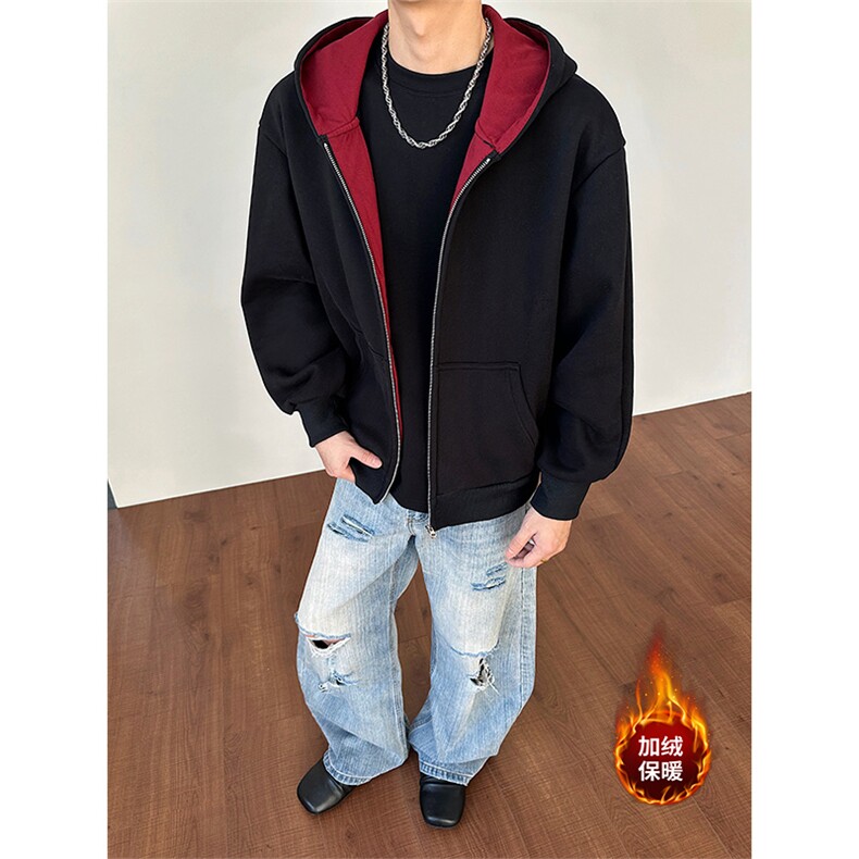 加绒加厚卫衣开衫内里撞色保暖宽松外套男女D51208-TP85159,男装棉衣,电商A102