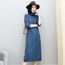 长裙潮流舒适宽松简约长袖2020年冬季高领纯色连衣裙，女装连衣裙，安之芮娜
