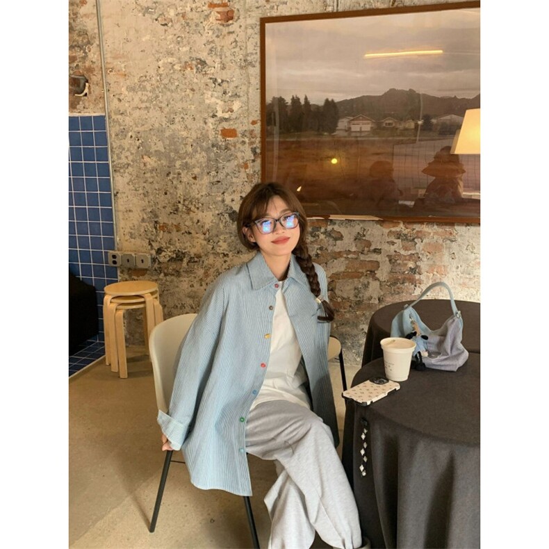 TC525-P45复古撞色条纹衬衫polo领长袖上衣薄款开衫衬衣，女装衬衫，星座617A-2